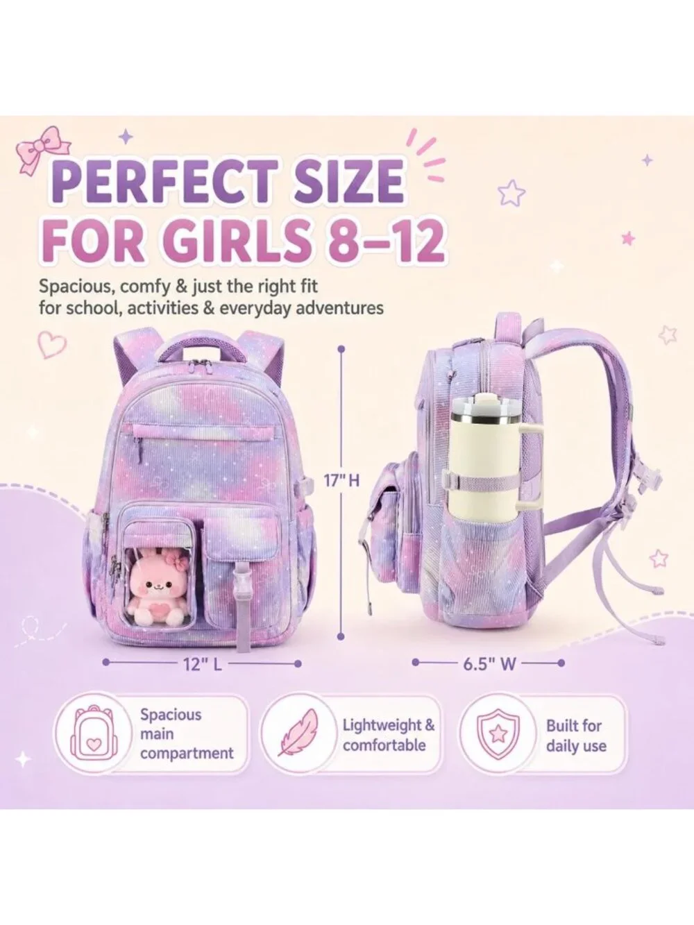 Cute Corduroy Kids Backpack for Girls | Stylish School Bag + 40 oz Tumbler Set